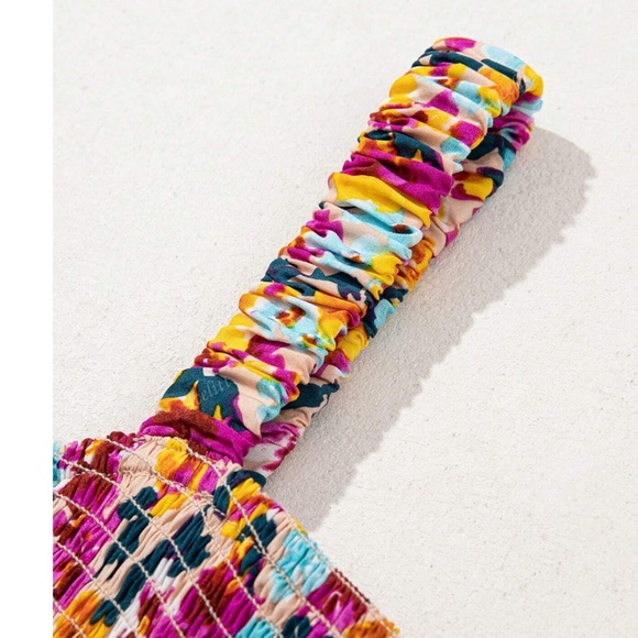 Boho Floral Print Shirred Wide Leg Bib Jumpsuit - Picture 3 of 4